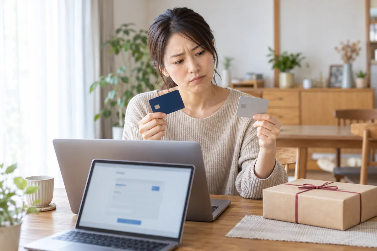 ふるさと納税を家族カードで払えるか、2枚のカードを見比べて迷う女性