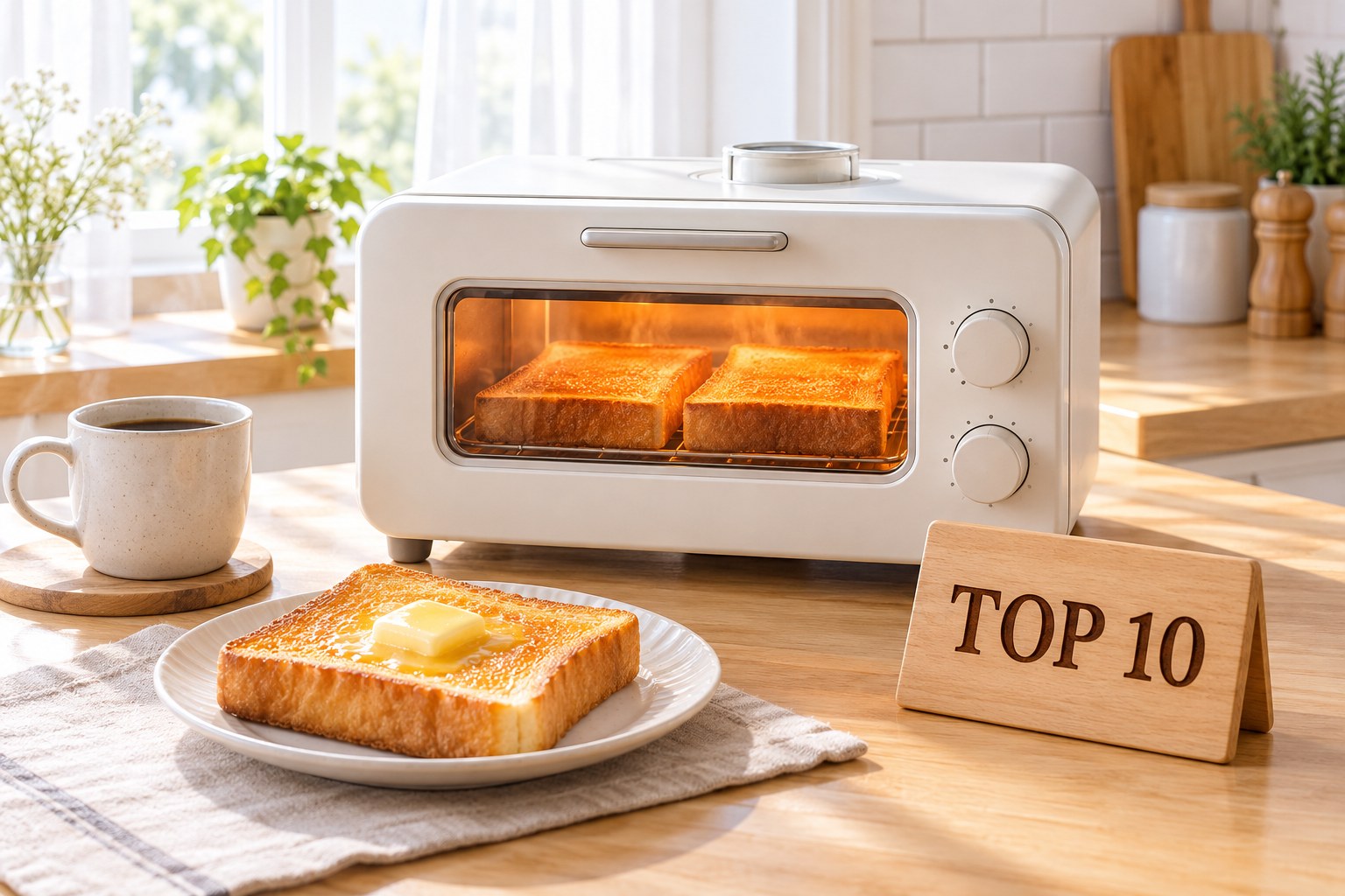 ふるさと納税のバルミューダ比較、朝の台所で焼きたてのトーストと白いトースターとTOP 10の木の札