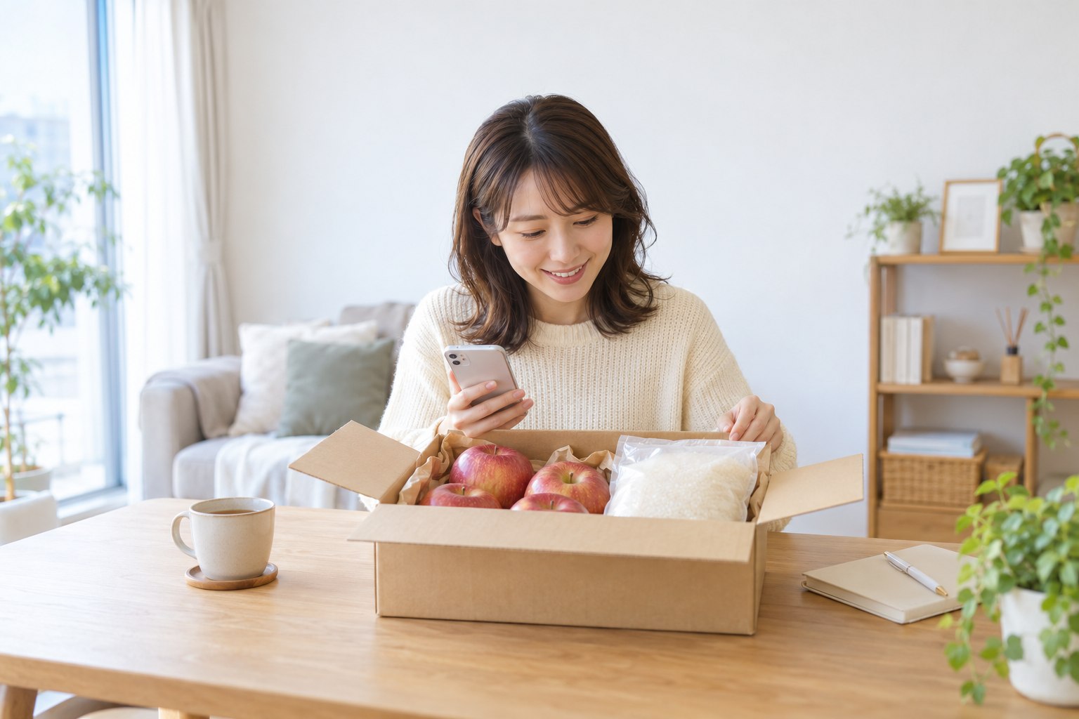 ふるさと納税をわかりやすく。届いた返礼品のりんごとお米の箱を開けて、スマホで確かめる会社員