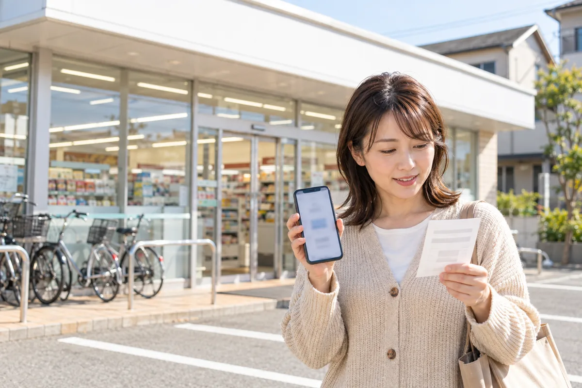 ふるさと納税のコンビニ払い。昼のコンビニの前で払込票とスマホを持つ女性