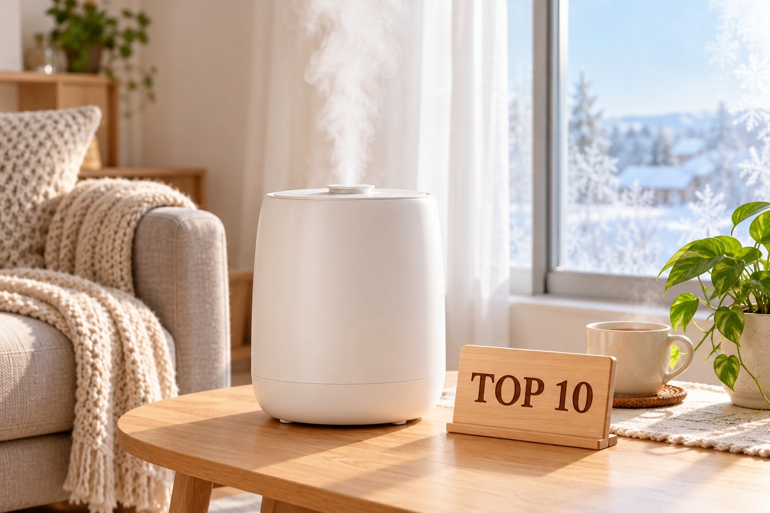 ふるさと納税の加湿器ランキング、冬の部屋で湯気を立てる白い加湿器とTOP 10の木の札