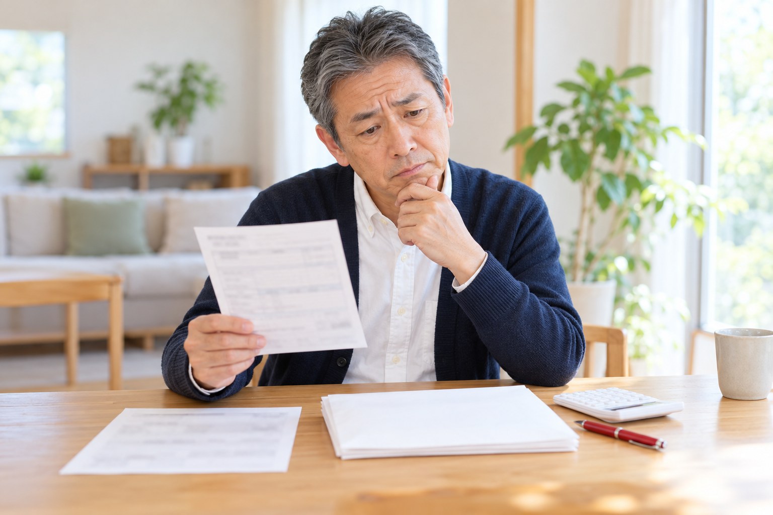 退職金の封筒と源泉徴収票を手に、ふるさと納税の上限が増えるのか考える退職した男性