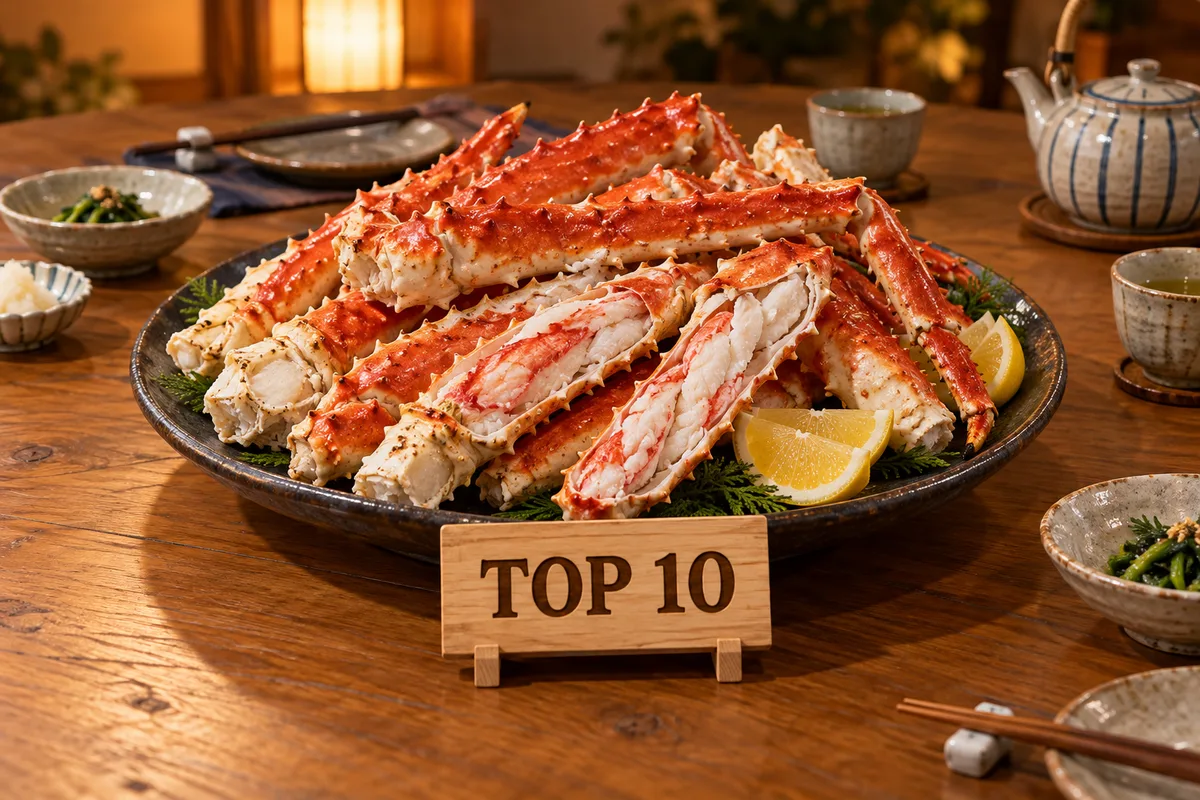 ふるさと納税のタラバガニおすすめTOP10の札と、大皿に盛ったボイルのタラバガニの脚