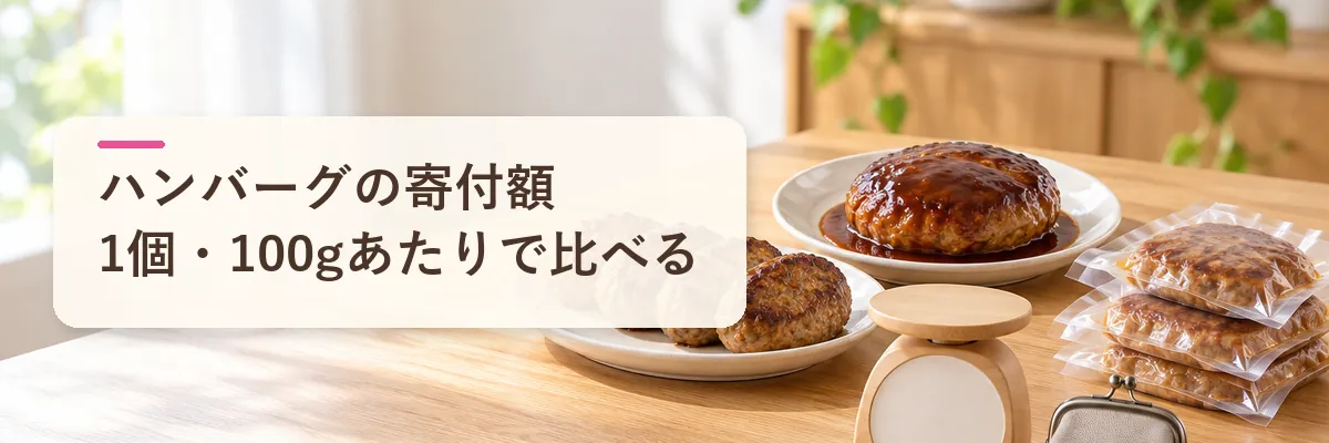 ハンバーグの寄付額1個・100gあたりで比べる