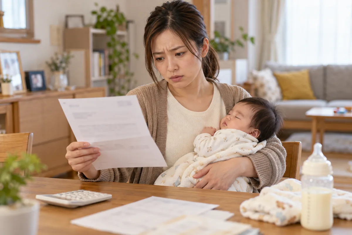 育休中にふるさと納税をして損しないか、通知を見て不安そうな赤ちゃんを抱いた母親