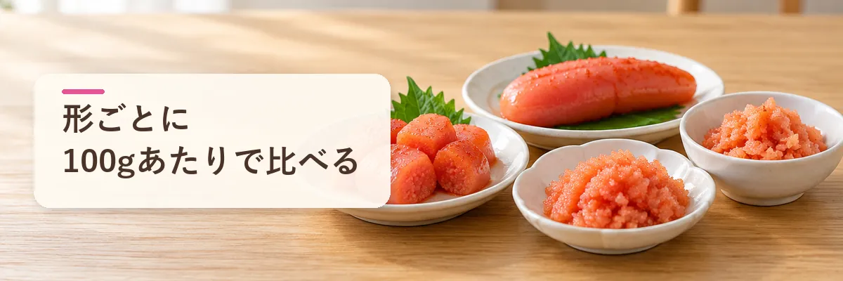 明太子を形ごとに100gあたりで比べる