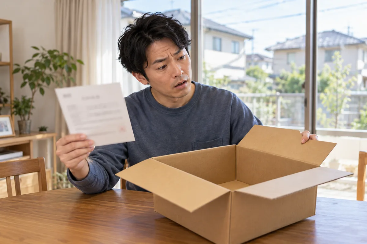 自分の自治体にふるさと納税をして、空の返礼品の箱を前に首をかしげる男性