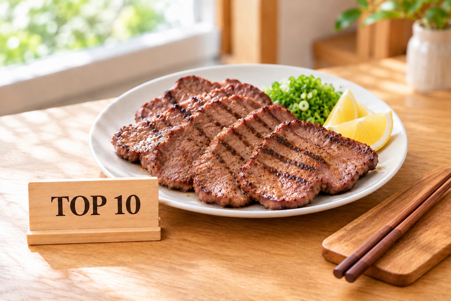 ふるさと納税の牛タンおすすめTOP10。焼いた牛タンとレモン、TOP 10の札を並べた皿