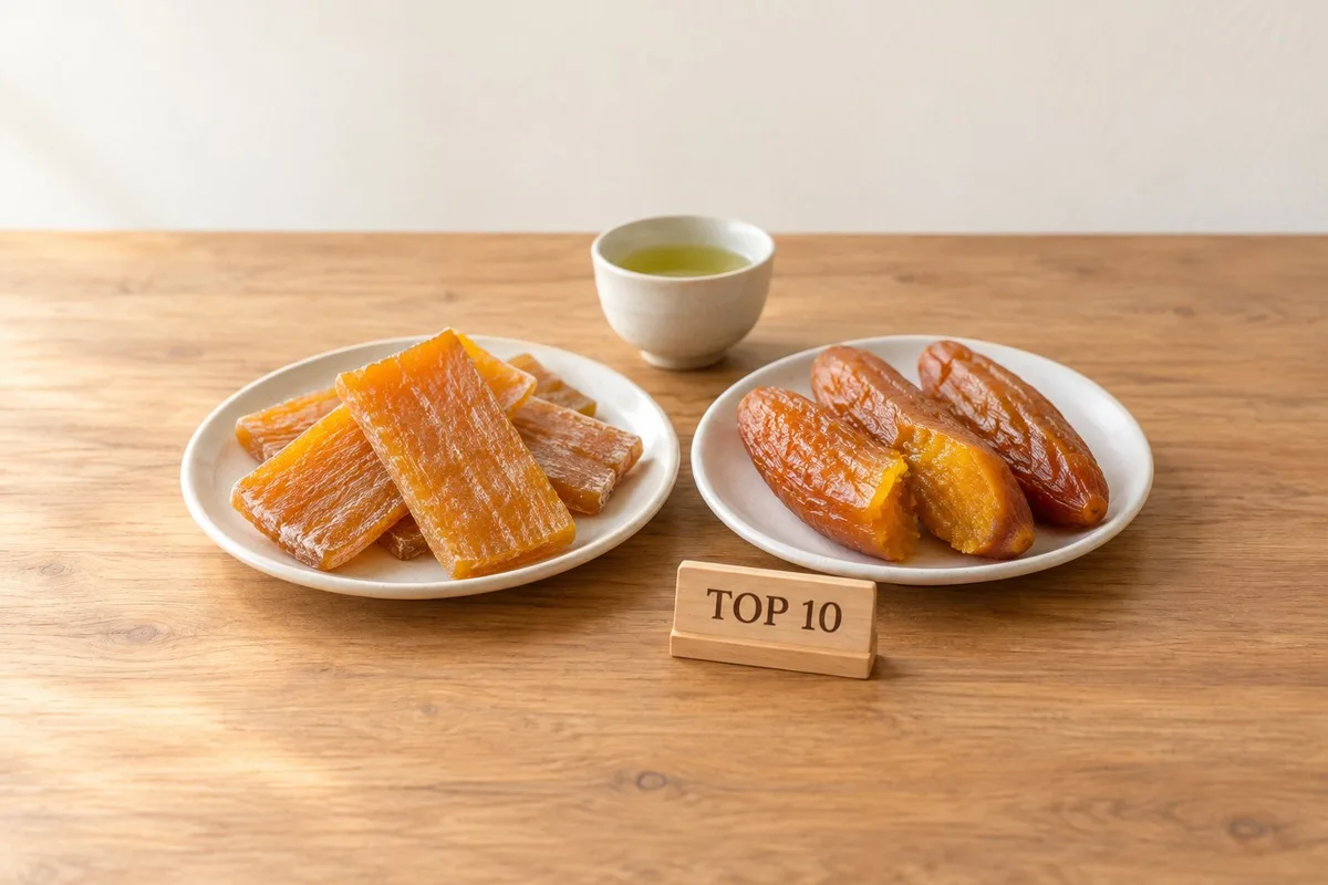 ふるさと納税の干し芋おすすめTOP10、木の食卓に並べた平干しと丸干しの干し芋