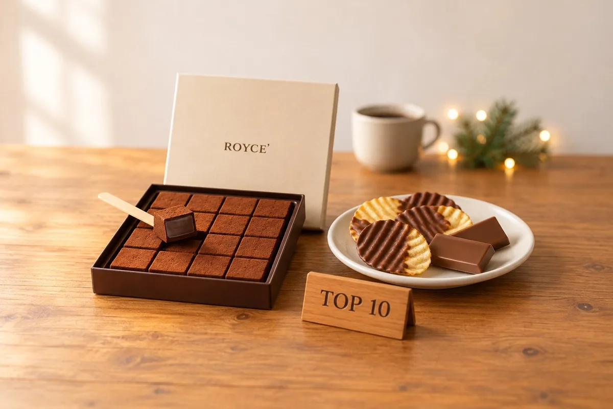 ロイズのふるさと納税おすすめTOP10、ROYCE'の箱の生チョコとチョコがけポテトチップスを並べた木の食卓