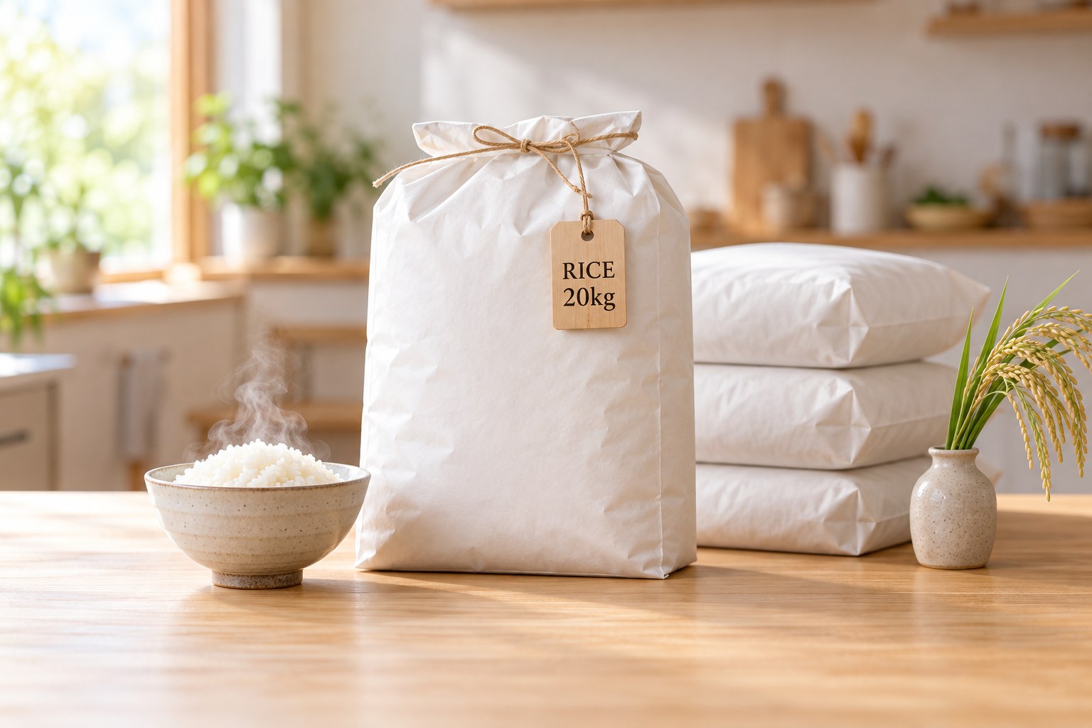 お米20kg。紙袋に入った白米と、炊きたてのごはん