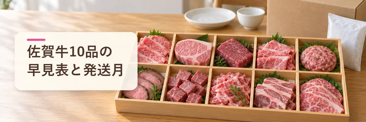 佐賀牛10品の早見表と発送月