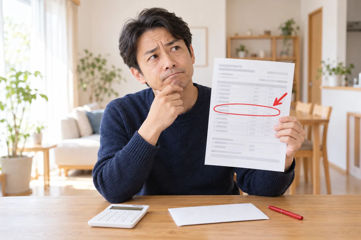 証券会社の年間取引報告書の譲渡益の行に赤丸を付け、確定申告するかどうか迷っている男性